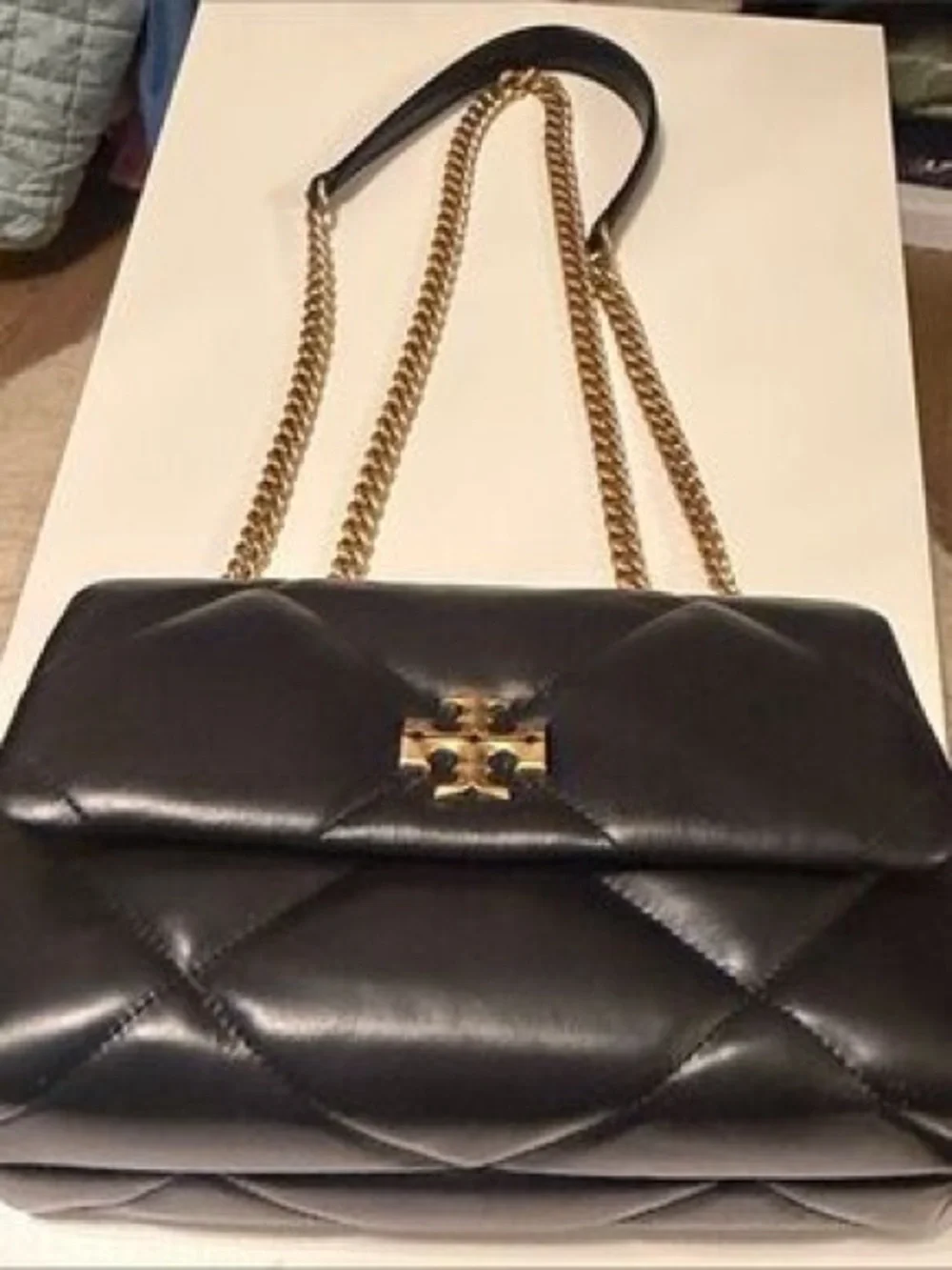 Tory Burch Black Quilted Leather Shoulder Bag with Gold Logo and Chain